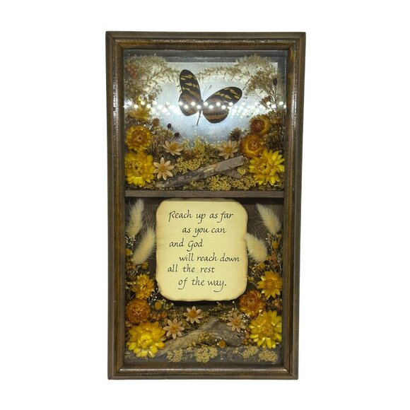 VTG Pressed Dried Flowers Butterfly Shadow Box Rustic Floral Wall Art with Quote - Picture 6 of 8
